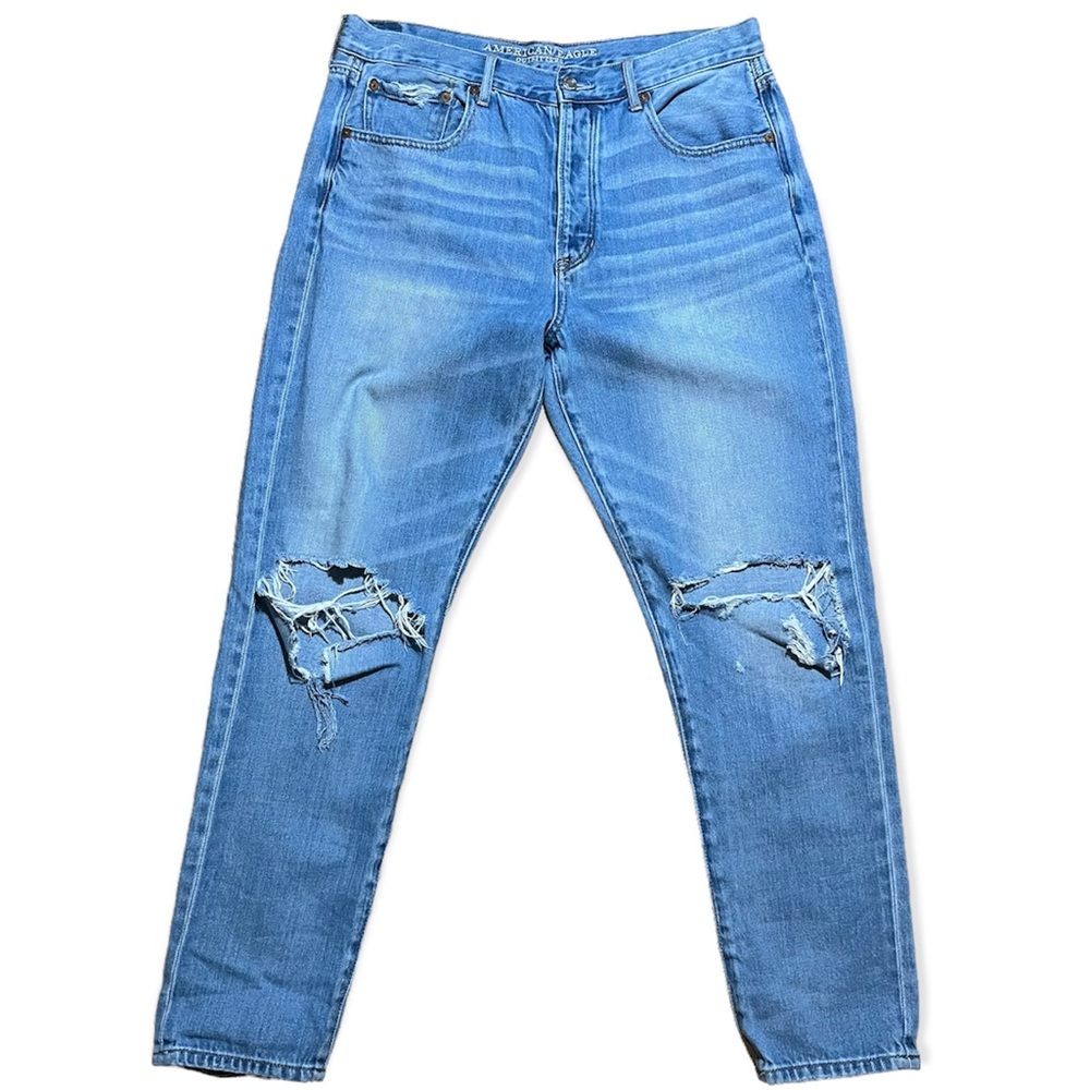 American Eagle Hi-Rise Girlfriend Distressed Light Wash Buttonfly Jeans Sz 12